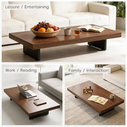 Solid Wood Rectangular Coffee Table, 1.6-Inch Thick Top, Modern Minimalist Center Table for Living Room, Apartment, Office or Lounge