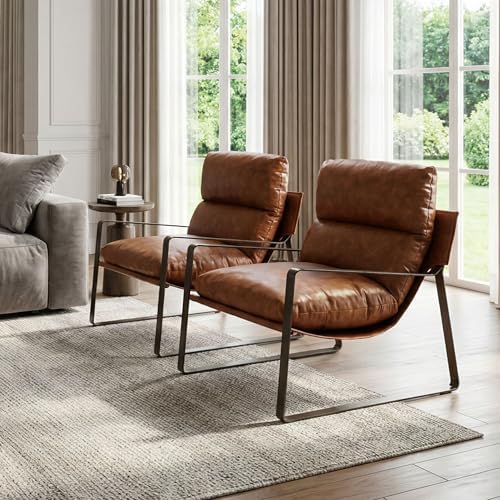 LukeAlon Set of 2 Modern PU Leather Accent Armchair, Brown
