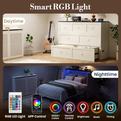 Queen Murphy Bed with Hidden Storage, Farmhouse Cabinet Bed with Storage Drawer, RGB LED Lights & Charging Station, Space-Saving Wall Bed with 6 Metal Legs, White