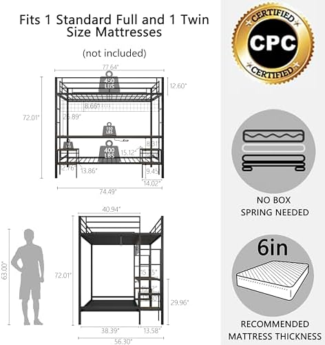 Bellemave Full Over Twin bunk Bed with Desk, loft Bed with Desk and Shelves, Full Over Twin Metal Bunk Beds with Charging Station, Black & Cinnamon Oak