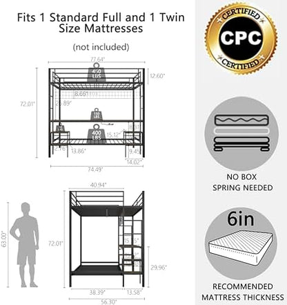 Bellemave Full Over Twin bunk Bed with Desk, loft Bed with Desk and Shelves, Full Over Twin Metal Bunk Beds with Charging Station, Black & Cinnamon Oak