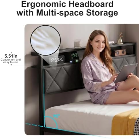 Queen Bed Frame with LED Lights, Charging Station & 2 Storage Drawers, Metal Platform with Upholstered Headboard, No Box Spring Needed, Easy Assembly