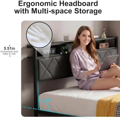 Queen Bed Frame with LED Lights, Charging Station & 2 Storage Drawers, Metal Platform with Upholstered Headboard, No Box Spring Needed, Easy Assembly