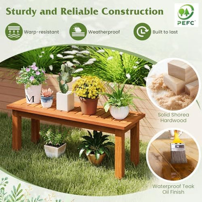 Tangkula Wooden Plant Stand, Outdoor Indoor Solid Wood Flower Pot Holder Display Shelf with Teak Oil Finish, Slatted Top, Rustic Plant Rack for Patio Garden Entryway Porch