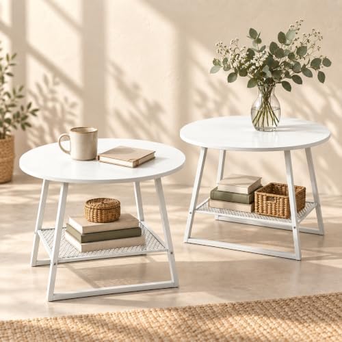 Lightdot 2‑Tier Round Side Table Set of 2, White End Table with Mesh Shelf