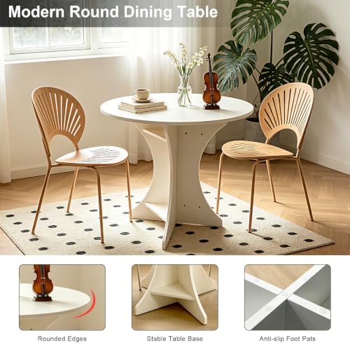 32" Modern Round Dining Table for 2-4 People Circle Farmhouse Kitchen Table Small Space Dining Room Table with White Top & Pedestal Base for Dining Room/Kitchen/Living Room