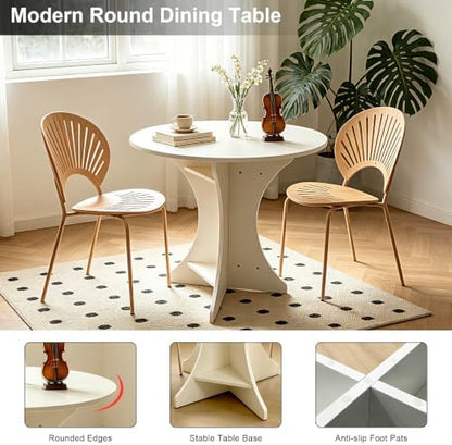 32" Modern Round Dining Table for 2-4 People Circle Farmhouse Kitchen Table Small Space Dining Room Table with White Top & Pedestal Base for Dining Room/Kitchen/Living Room