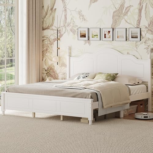 Merax Retro Wood Platform Bed with High Headboard, King Bed Frame with Sturdy Legs/No Box Spring Needed/Easy Assemble White