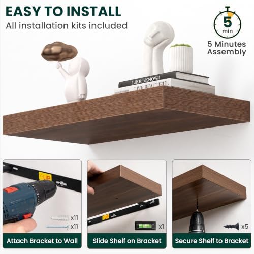 12 Inch Deep Floating Shelves Walnut, 24 Inch Long, 2" Thick Floating Shelves for Wall, Hidden Bracket, Scratch-Resistant Wood Grain for Bedroom Bathroom Kitchen, Coffee Bar, Bookshelf