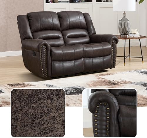 EBELLO Manual Recliner Sofa Set, Faux Leather Reclining Living Room Set, Included Single Recliner Chair and Loveseat Manual Sofa, Vintage Rivet Mid-Century Design for Living Room, Dark Brown