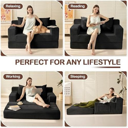 Boneless Loveseat Couch Folding Sofa Bed, Foldable Floor Futon Sleeper Couch Bed - Convertible Sofa Bed, Corduroy Pull Out Sofa Bed with 2 Pillows for Living Room & Bedroom