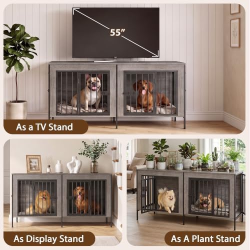 EasyCom 55" Wooden Double Dog Crate Furniture, Oak Grey (DC102)