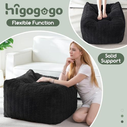 HIGOGOGO Square Stuffed Pouf Ottoman, Blended Corduroy Poufs with Foam Chunk Filling, 25.6 x 25.6 Inches Floor Poufs Foot Rest for Living Room, Black