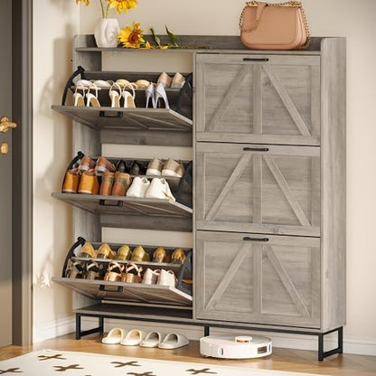 Wodeer Shoe Cabinet Storage for Entryway, Shoe Storage Cabinet with 6 Flip Drawers, Freestanding Narrow Shoe Rack Organizer with Metal Legs, Adjustable Shelves & Open Storage for Foyer, Hallway, Grey