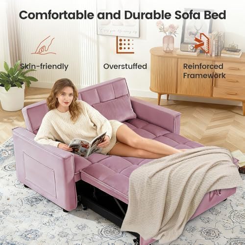 Convertible Sofa Bed, Pull Out Couch with Side Pockets, 3 in 1 Velvet Fabric Loveseat Sleeper Sofa Bed, Pull Out Couch with Adjustable Backrest for Living Room, Bedroom, Apartment, Pink