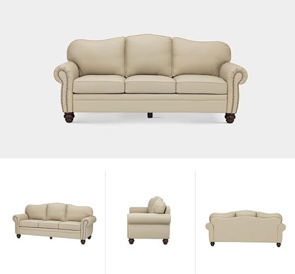 81" Genuine Leather Sofa, Classic 3-Seater Couchs with Wood Legs, Stylish & Comfortable Sofa for Living Room or Office, Easy Assembly Maintain & Long-Lasting, Beige