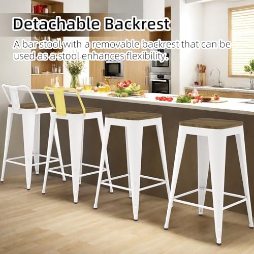 Bar Stools Set of 2, Metal Bar Stools with Wooden Seat, Modern 30”Counter Height Barstools with Low Back, White