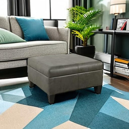 Homepop Home Decor |K2380-E903| Luxury Large Faux Leather Square Storage Ottoman | Ottoman with Storage for Living Room & Bedroom, Gray