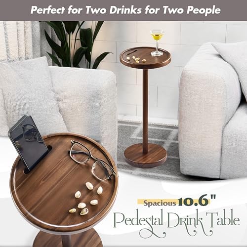 BLUEWEST Small Round Side Table, Drink Table with Phone Slot, 24.4" Walnut