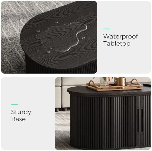LINSY Lift Top Coffee Table, Oval Fluted Coffee Table with Storage, Mid Century Modern Wooden Coffee Tables with Sliding Tambour Door, 39" Center Table for Living Room, Office, Small Space, Black