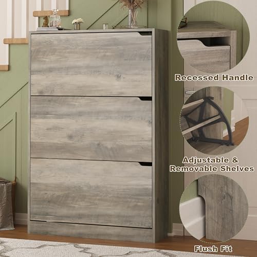 Shoe Storage Cabinet with 3 Flip Drawers, Grey