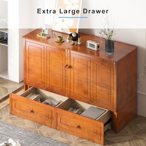 PUREMIND Queen Murphy Bed with Mattress, Hideaway Cabinet Beds with 2 Storage Drawers & Charging Station, Space-Saving Square Shape Murphy Bed Cabinet for Guest Rooms, Cherry