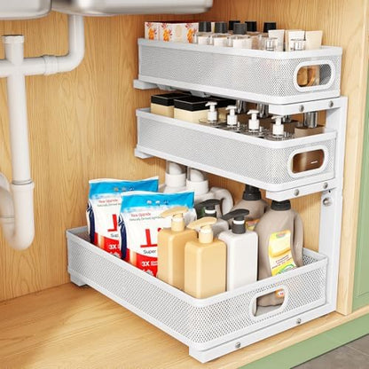 Kitstorack Under Sink Organizer, 1-Pack 3-Tier Height Adjustable Thickened Metal Pull out Cabinet Organizer Shelf, Slide out Storage Drawer Rack for Bathroom Kitchen Pantry Home Laundry Organization