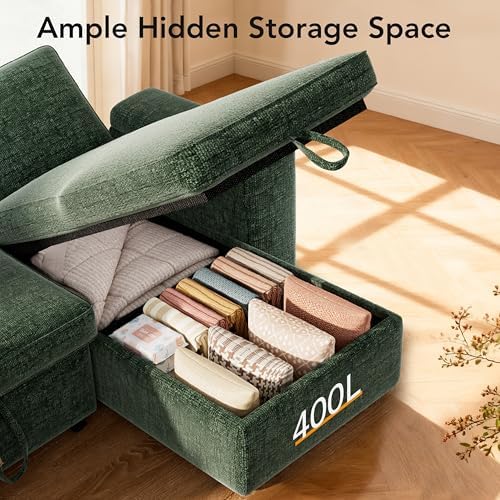 Sunny Heart 82" L-Shaped Sleeper Sofa with Pull Out Bed, Sectional Couch with Reclining Backrest, Reversible Storage Chaise, Armrest Storage, Cup Holders, and Side Pockets, Tool-Free Assembly, Green