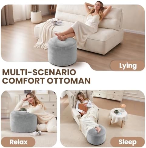 WSOFRLAC Round Pouf Ottoman, Small Foot Stool Foot Rest, Light Gray 20x15in