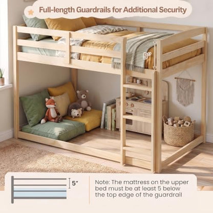 KOMFOTT Low Bunk Bed Full Over Full, Solid Wood Full Bed Frame, Natural