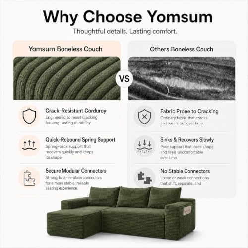 96 inch Boneless Couch, Modular L-Shaped Cloud Sectional Sofa, Green