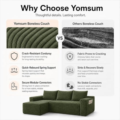 96 inch Boneless Couch, Modular L-Shaped Cloud Sectional Sofa, Green