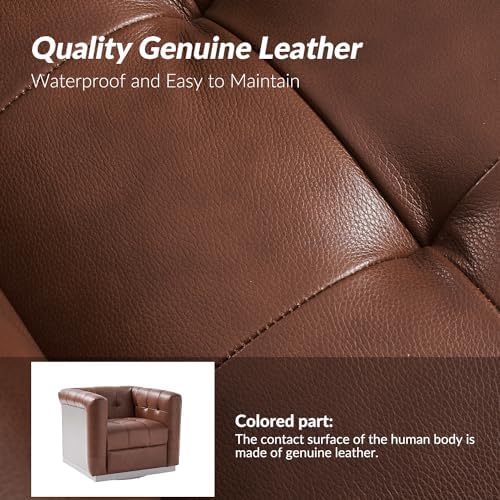 HULALA HOME Genuine Leather Swivel Accent Chairs Set of 2 with Wooden Base, Mid Century Modern Square Accent Chairs for Living Room Bedroom Club, Brown