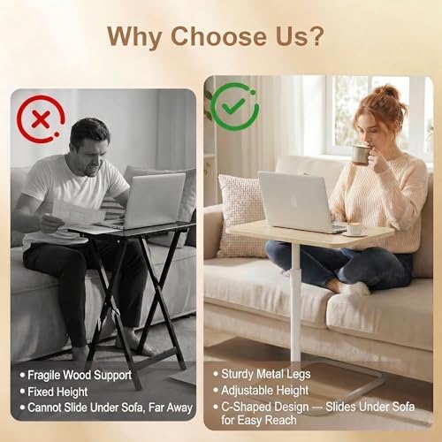 Extra Large TV Tray Table Set of 2, C-Shaped Side Table with Adjustable Height & Rounded Corners, Snack Table for Couch, Bed or Recliner, for Laptop, Eating & Working, Oak