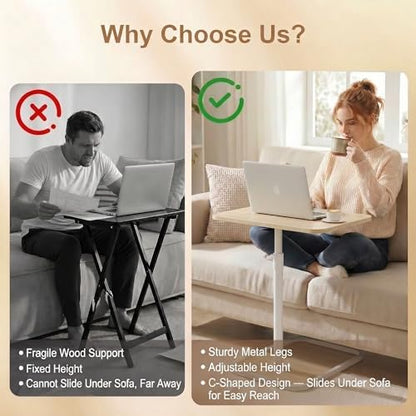 Extra Large TV Tray Table Set of 2, C-Shaped Side Table with Adjustable Height & Rounded Corners, Snack Table for Couch, Bed or Recliner, for Laptop, Eating & Working, Oak