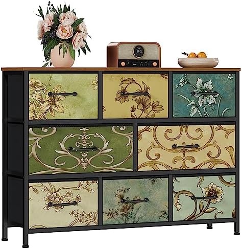 8 Drawer Dresser for Bedroom, Wide Vintage Fabric Chest of Drawers