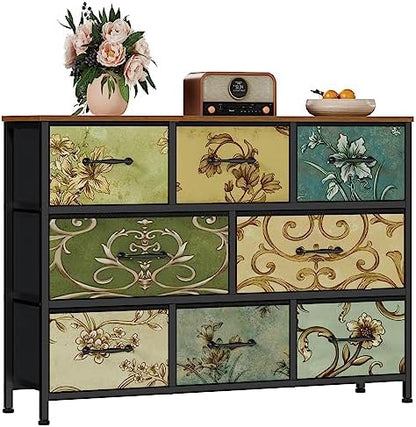 8 Drawer Dresser for Bedroom, Wide Vintage Fabric Chest of Drawers