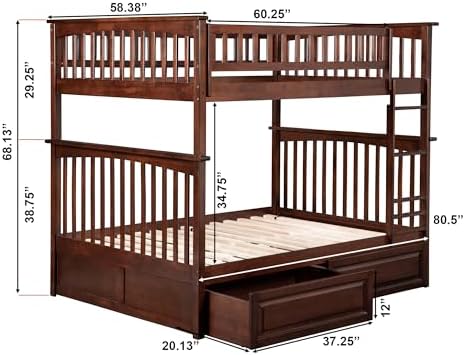 AFI, Columbia Bunk Bed Full Over Full with Raised Panel Bed Drawers, Walnut