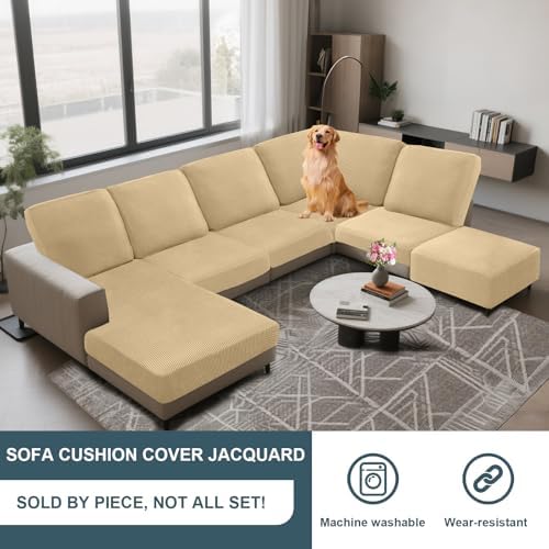 UNBBRRL Seat Cushion Cover and Back Covers for Corner Sofa Stretch Jacquard, Non Slip L Shaped Sofa Slipcover with Storage Ottoman, Sectional Couch Cover for Chaise Lounge (Mustard,47 x 47 x 6”)