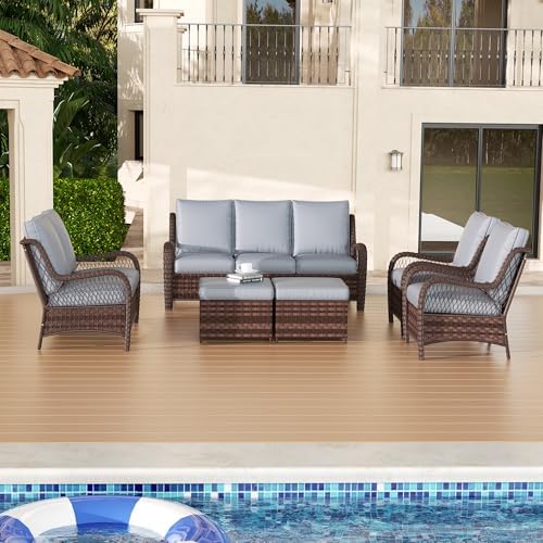 6 Piece Wicker Patio Furniture Set, Rattan Patio Chairs with High Back, Deep Seating, Wide Armrest, Thickened Cushions, Outdoor Furniture for Deck, Porch Use, Dark Grey