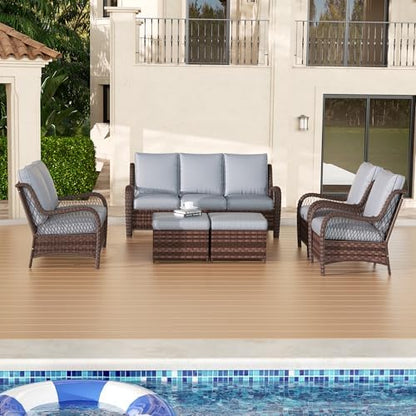 6 Piece Wicker Patio Furniture Set, Rattan Patio Chairs with High Back, Deep Seating, Wide Armrest, Thickened Cushions, Outdoor Furniture for Deck, Porch Use, Dark Grey