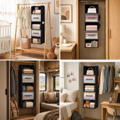 5-Layer Suspended Fabric Shelf Organizer, Equipped with 2 Sturdy Hooks, 2 Separate Drawers, and Foldable Hanging Storage (Black)