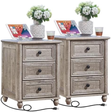 RWYHG 18" Nightstands Set of 2 with Charging Station & 3 Drawers