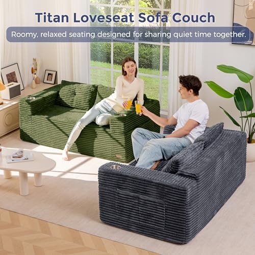 MAXYOYO 63" Boneless Loveseat Sofa Couch for Small Spaces, Mini Love Seat Floor Couch with Cup Holders and Pillows, 2-Seater Upholstered Cloud Couch for Bedroom Apartment, No Assembly Required