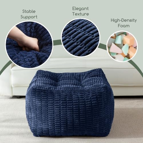 HIGOGOGO Square Stuffed Pouf Ottoman, Blended Corduroy Poufs with Foam Chunk Filling, 25.6 x 25.6 Inches Floor Poufs Foot Rest for Living Room, Navy