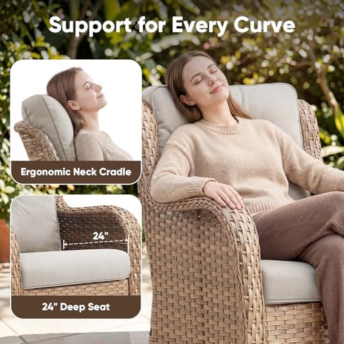Belord 6 Piece Wicker Patio Furniture Set, Outdoor Swivel Rocker Chairs Set of 2 with Ottomans and Loveseat, All Weather Patio Conversation Furniture Set, for Pool,Yard,SunroomYellow Wicker/Beige