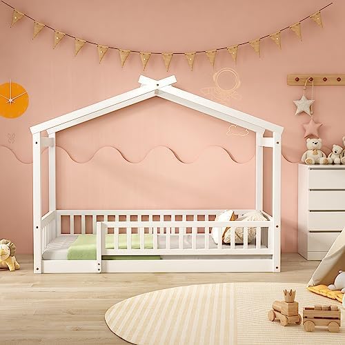 Merax Twin Size Wooden House Bed with Fence, Wood Bed Frame with Roof and Safety Guardrail for Kids, Teens, Boys or Girls, White