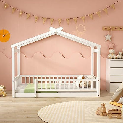 Merax Twin Size Wooden House Bed with Fence, Wood Bed Frame with Roof and Safety Guardrail for Kids, Teens, Boys or Girls, White