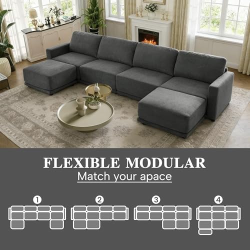 145" U-Shaped Modular Couch, 6-Piece Sofa, Ottomans, Grey