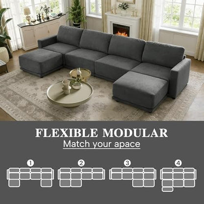 145" U-Shaped Modular Couch, 6-Piece Sofa, Ottomans, Grey